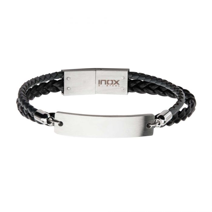 Stainless Steel Modern Engravable ID Bracelet with MultiStrand Braided Leather in Black and Grey