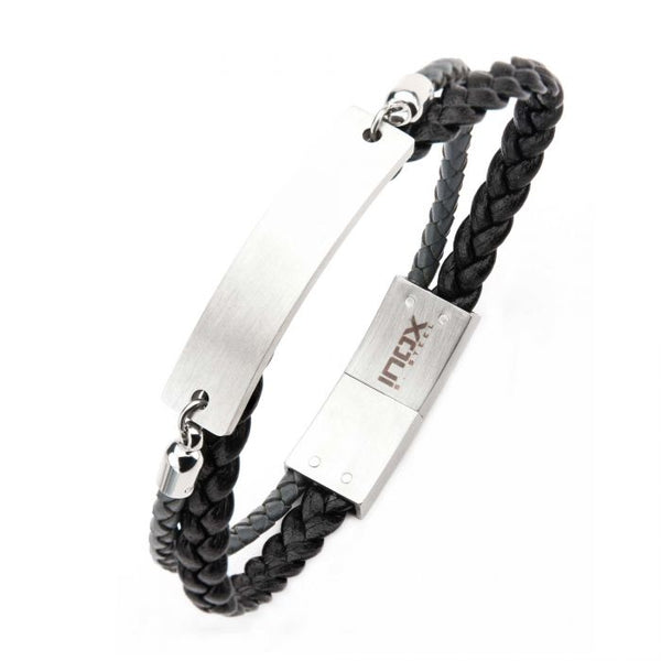 Stainless Steel Modern Engravable ID Bracelet with MultiStrand Braided Leather in Black and Grey