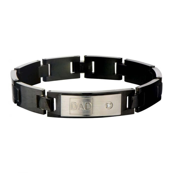 Engraved DAD with Clear CZ's and Black IP Classic Link Bracelet