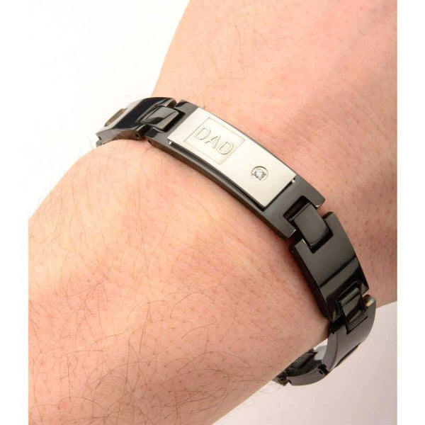 Engraved DAD with Clear CZ's and Black IP Classic Link Bracelet