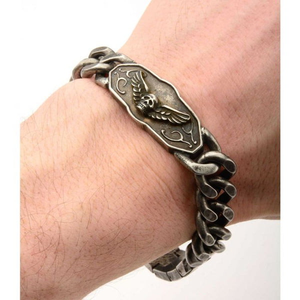 Black Oxidized Skull Wings ID Curb Chain Link Bracelet