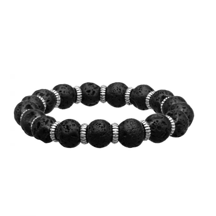 Steel Zinc Ring and Black Lava Beads Bracelet