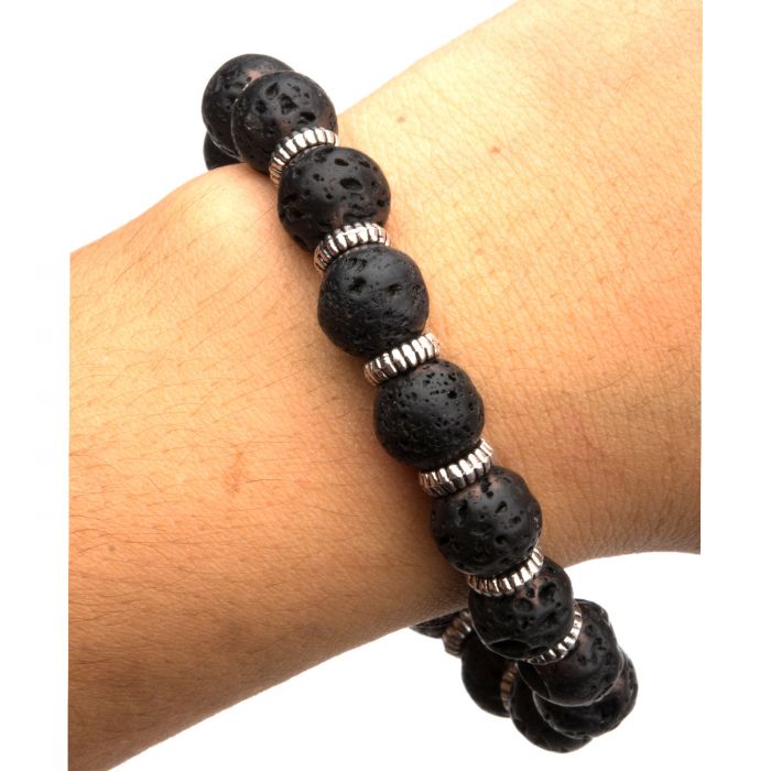 Steel Zinc Ring and Black Lava Beads Bracelet