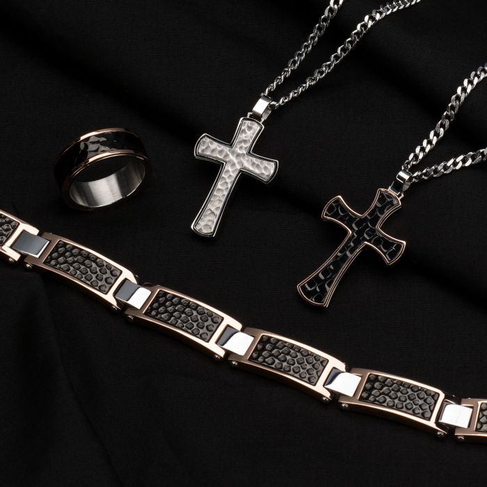 Steel TriTone Hammered Link Bracelet