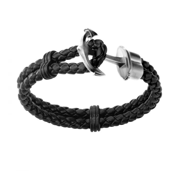 Double Black Braided Leather with Steel Anchor Clasp Bracelet