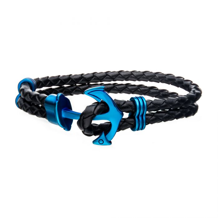 Double Black Braided Leather with Steel Anchor Clasp Bracelet