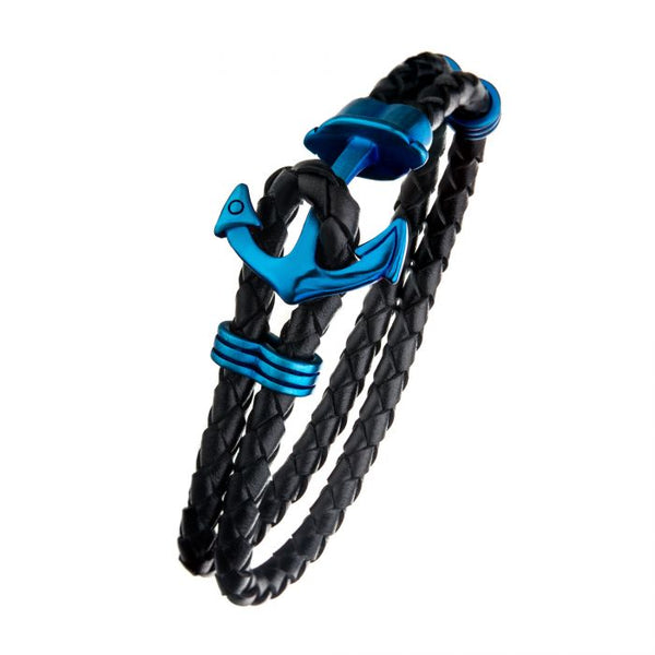 Black Leather with Blue Plated Anchor Bracelet