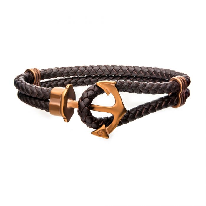 Double Black Braided Leather with Steel Anchor Clasp Bracelet