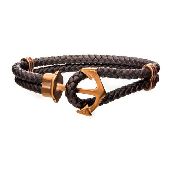Brown Leather with Cappuccino Plated Anchor Bracelet