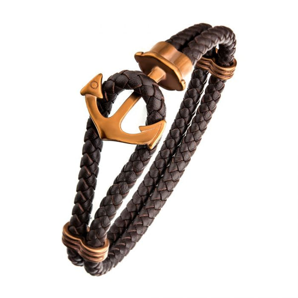 Double Black Braided Leather with Steel Anchor Clasp Bracelet