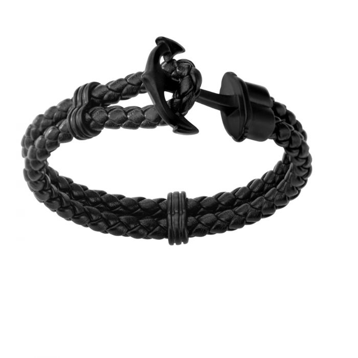 Double Black Braided Leather with Steel Anchor Clasp Bracelet