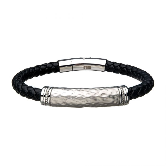 Hammered Steel Black Leather Bracelet