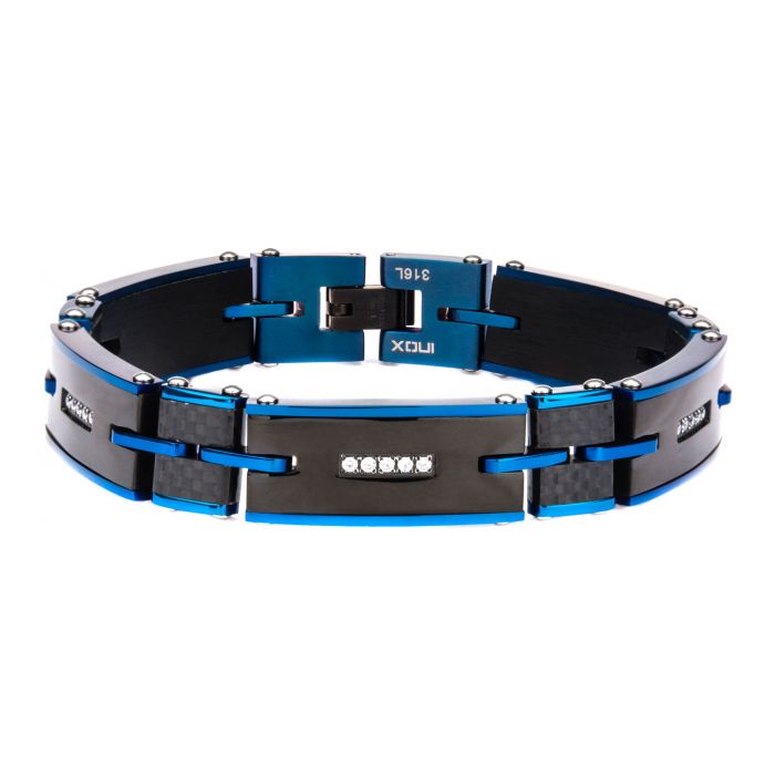 Solid Carbon Graphite and Blue Plated with Clear CZ Stone Link Bracelet