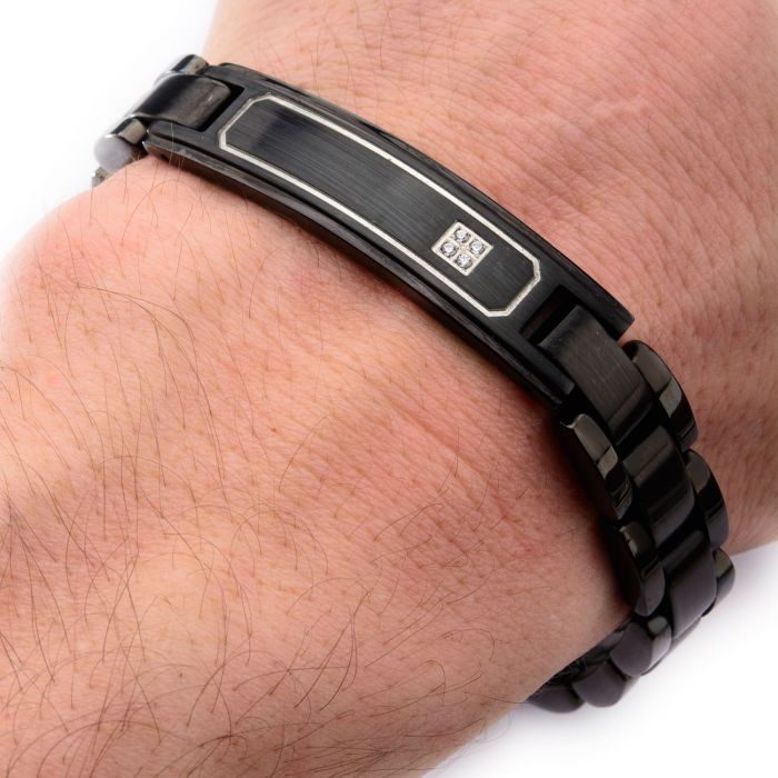 Black Plated with Clear CZ ID Plate Link Engravable Bracelet