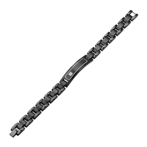 Black Plated with Clear CZ ID Plate Link Engravable Bracelet