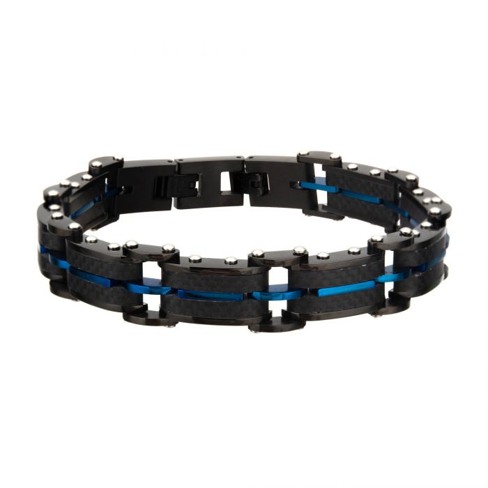 Black Carbon Fiber and Blue Plated ID Link Bracelet