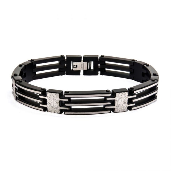 Coin Stamped Hinges Bracelet with Triple Tiered Steel and Black Links