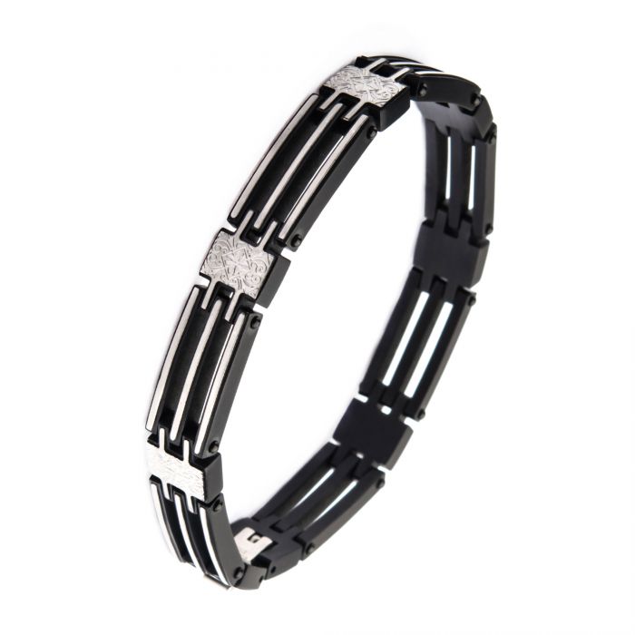 Coin Stamped Hinges Bracelet with Triple Tiered Steel and Black Links