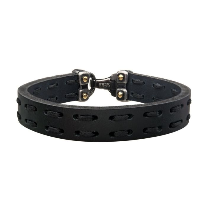 Black Leather Bracelet with Antiqued Gun Metal Steel Closure