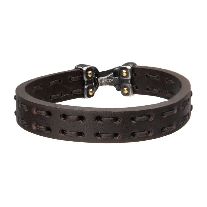 Brown Leather Bracelet with Antiqued Gun Metal Steel Closure