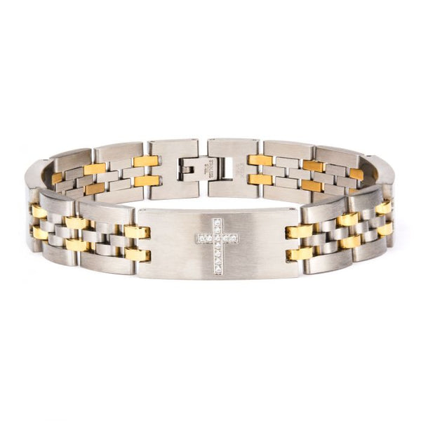 Stainless Steel Two Tone with Clear CZ Stone Cross in Steel ID Panther Link Bracelet