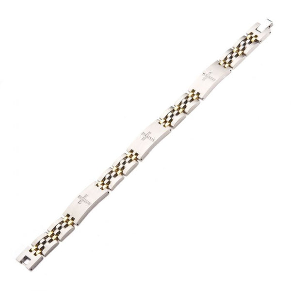 Stainless Steel Two Tone with Clear CZ Stone Cross in Steel ID Panther Link Bracelet