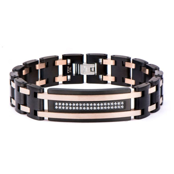Black Plated and Rose Gold Plated with Clear CZ Stone ID Link Bracelet