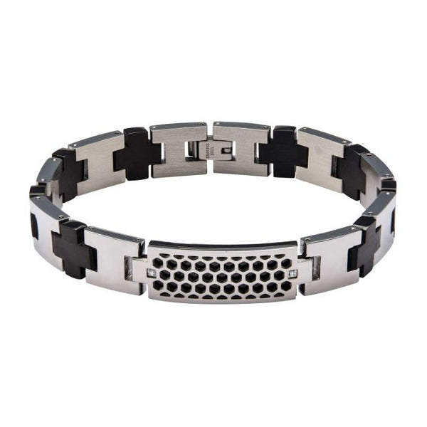 Steel Honey Comb Pattern ID with 2 pc Clear Genuine Diamond and Black Plated Cross Link Bracelet