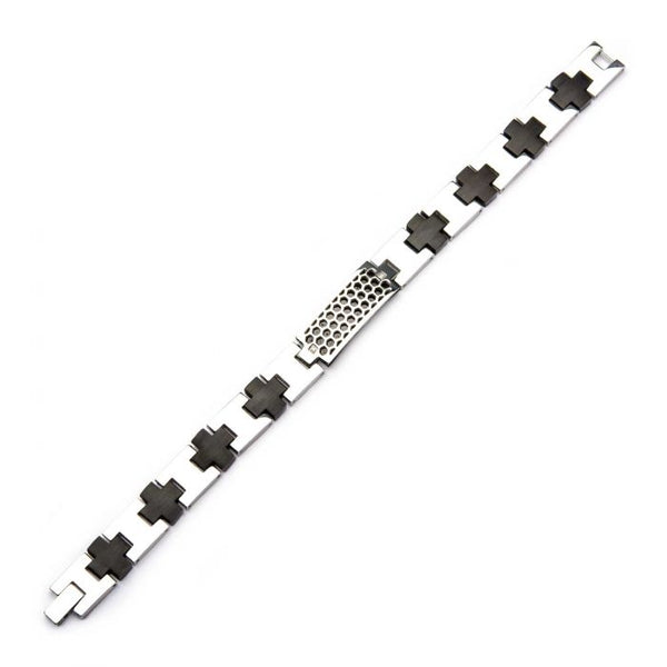 Steel Honey Comb Pattern ID with 2 pc Clear Genuine Diamond and Black Plated Cross Link Bracelet