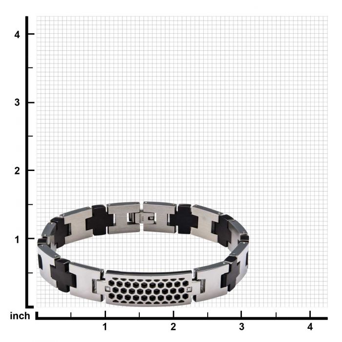 Steel Honey Comb Pattern ID with 2 pc Clear Genuine Diamond and Black Plated Cross Link Bracelet