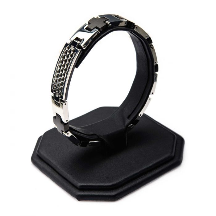 Steel Honey Comb Pattern ID with 2 pc Clear Genuine Diamond and Black Plated Cross Link Bracelet