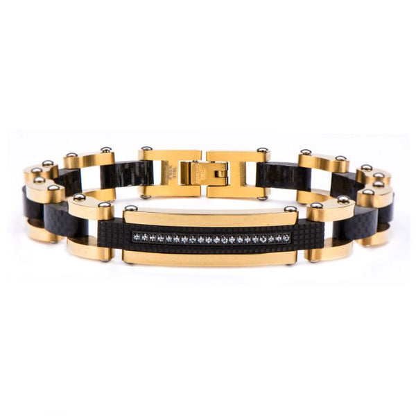 Solid Carbon Graphite and Gold Plated with Clear CZ Stone ID Link Bracelet