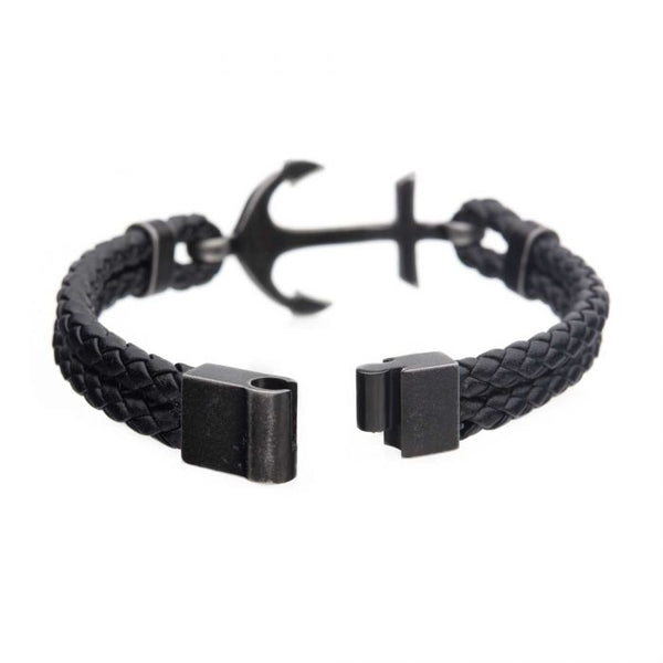 Black Antiqued Double Anchor Leather Bracelet