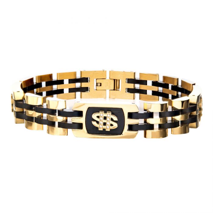 Stainless Steel Gold and Black Plated with 24pcs White Cubic Zirconia Dollar Sign Bracelet