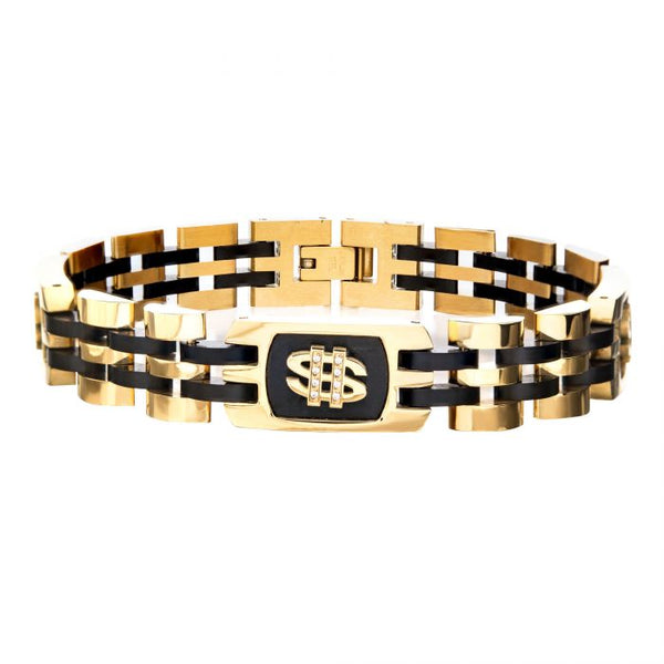 Stainless Steel Gold and Black Plated with 24pcs White Cubic Zirconia Dollar Sign Bracelet