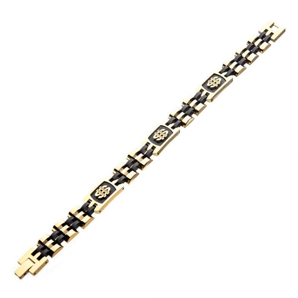 Stainless Steel Gold and Black Plated with 24pcs White Cubic Zirconia Dollar Sign Bracelet