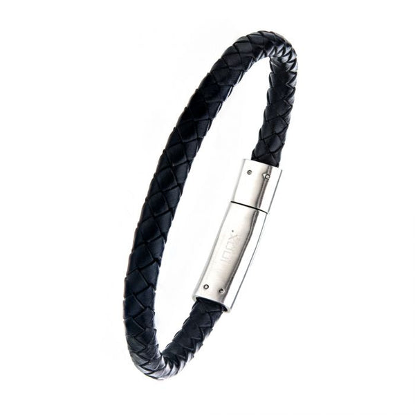 Black Leather with Anchor in Brushed Steel Clasp Bar Bracelet