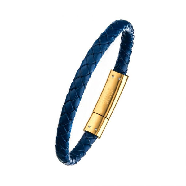 Blue Leather with Anchor in Brushed Gold Plated Clasp Bar Bracelet