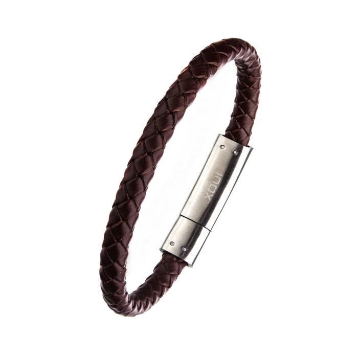 Brown Leather with Anchor in Brushed Steel Clasp Bar Bracelet