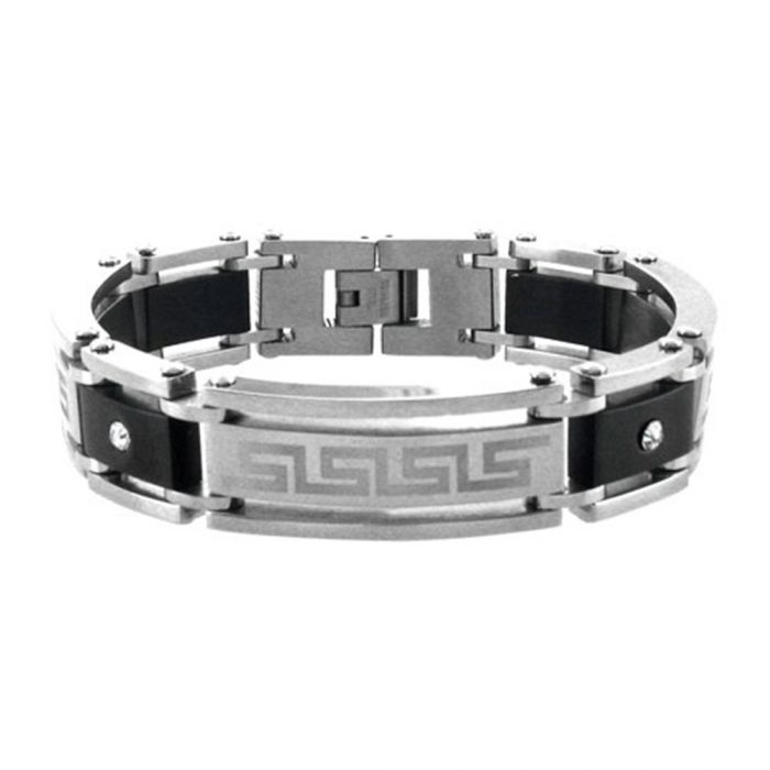 Steel and Plated Black Bracelet with Greek Key Pattern