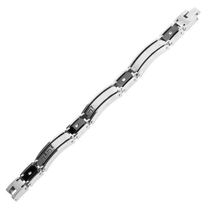 Steel and Plated Black Bracelet with Greek Key Pattern