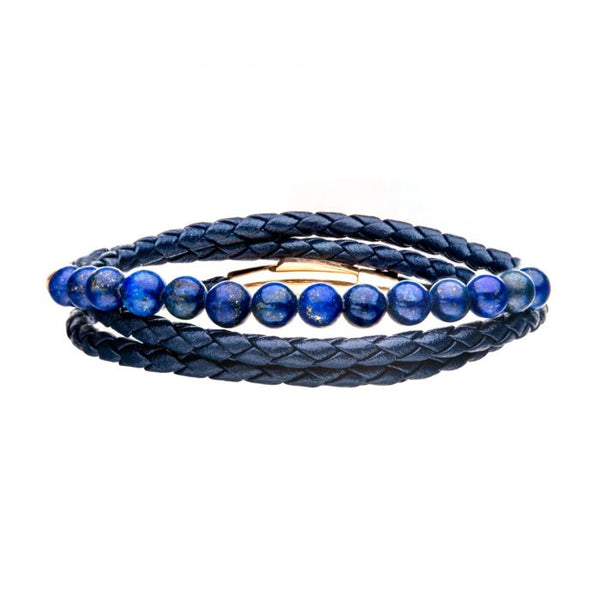 Double Wrap Blue Leather with Lapis Beads Bracelet