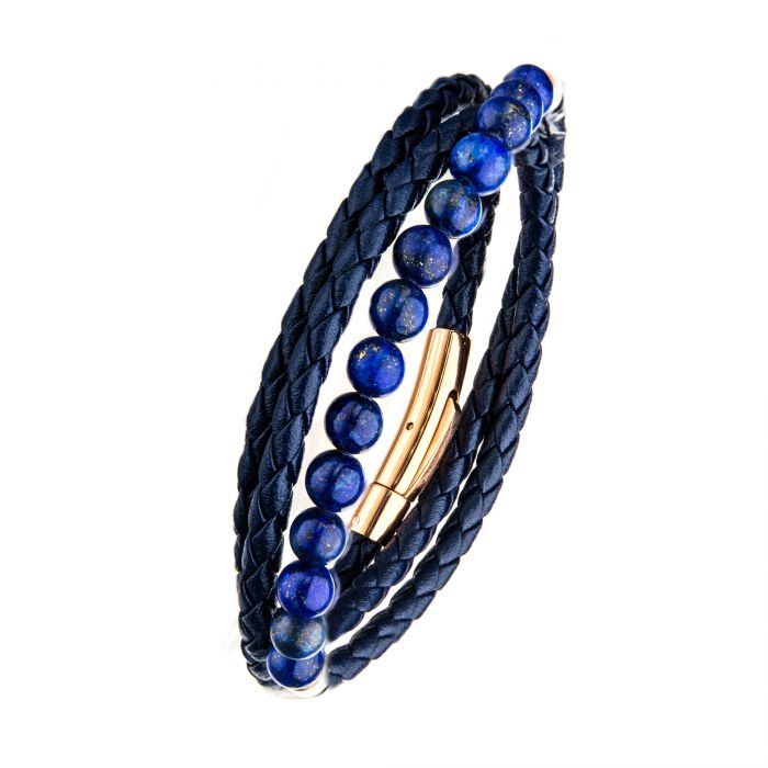 Double Wrap Blue Leather with Lapis Beads Bracelet