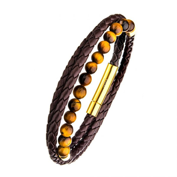 Double Wrap Brown Leather with Tiger Eye Beads Bracelet