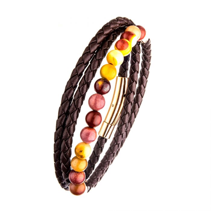 Double Wrap Brown Leather with Mookaite Beads Bracelet