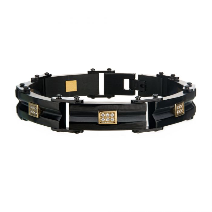 Stainless Steel Black Plated Bracelet Layered Gold Plated with CZ on the Middle