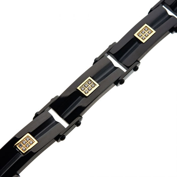 Stainless Steel Black Plated Bracelet Layered Gold Plated with CZ on the Middle