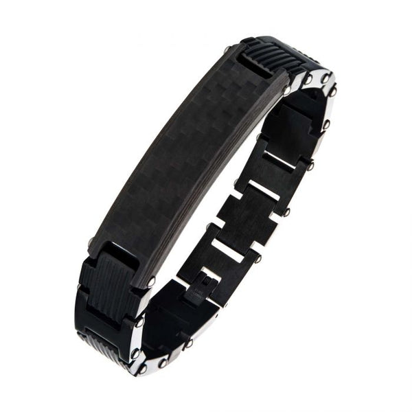 Stainless Steel Black Carbon Fiber with Adjustable Link Bracelet