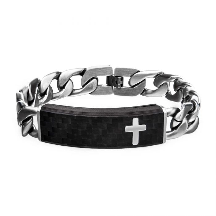 Carbon Fiber Black with Cross and Steel Adjustable Link ID Bracelet