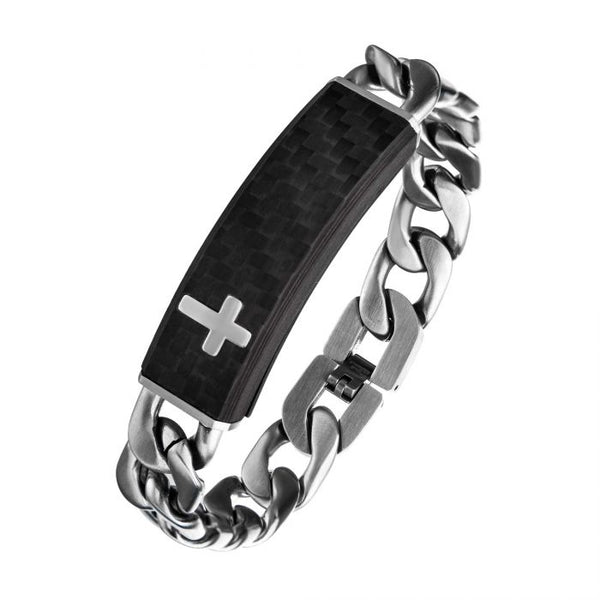 Carbon Fiber Black with Cross and Steel Adjustable Link ID Bracelet